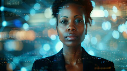 Black woman cyber security expert. With AI code illusminated overlay around her. Working in a data center. Female Computer Engineer. Generate AI.