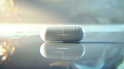 Studio shot of a medicine capsule placed on a glass surface, creating reflections and a modern look for mockups or ads