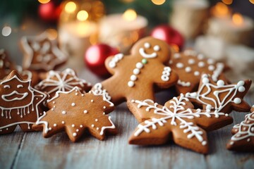 A festive assortment of decorated gingerbread cookies on a wooden table, surrounded by holiday baking ingredients and utensils, colorful and cheerful
