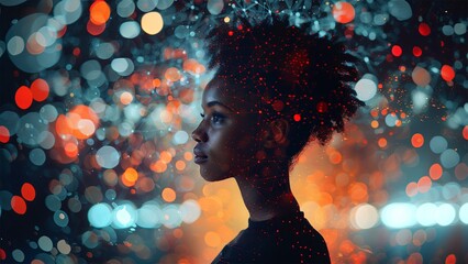 Black woman cyber security expert. With AI code illusminated overlay around her. Working in a data center. Female Computer Engineer. Generate AI.