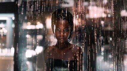Black woman cyber security expert. With AI code illusminated overlay around her. Working in a data center. Female Computer Engineer. Generate AI.
