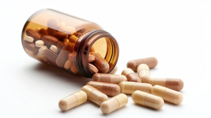High resolution image of an open pill bottle with capsules spilling out, set against a clean white background