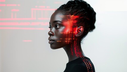 Black woman cyber security expert. With AI code illusminated overlay around her. Working in a data center. Female Computer Engineer. Generate AI.