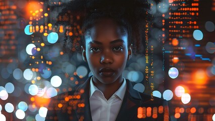 Black woman cyber security expert. With AI code illusminated overlay around her. Working in a data center. Female Computer Engineer. Generate AI.