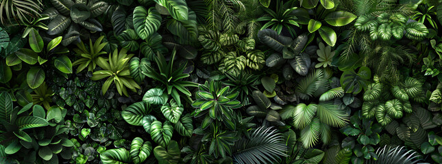 wall of tropical plants, dark green leaves, jungle background, banner,