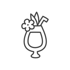 Cute cocktail glass icon. Hand drawn monochrome illustration of a cocktail decorated with a flower isolated on a white background. Kawaii sticker. Vector 10 EPS.
