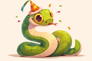 Naklejka premium Cartoon Green snake in a New Year's cap. New Year 2025. Cute, funny snake. Symbol of the year eastern calendar