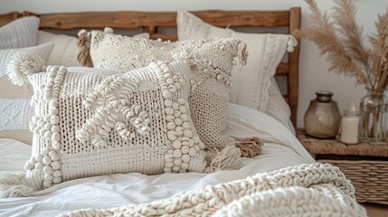 A Part Of A Double Bed With Soft Cushions And A Blanket With An Ornament, High Quality, HD