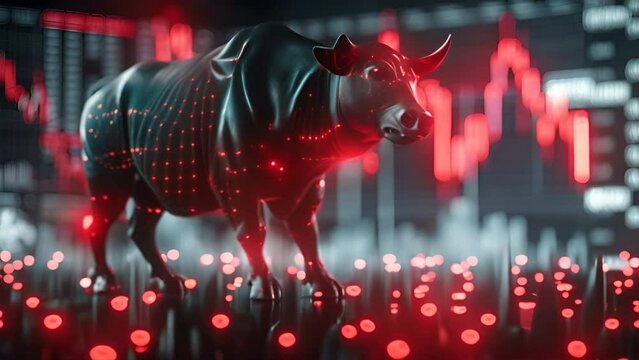 wall street, bull, usa flag, stocks price falling down, red stocks candles,generative ai