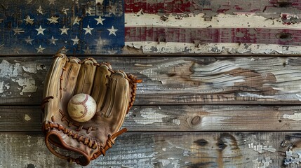 A weathered baseball glove and ball rest on a wooden plank painted with an American flag.