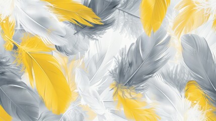 Abstract background of yellow, white and gray feathers.