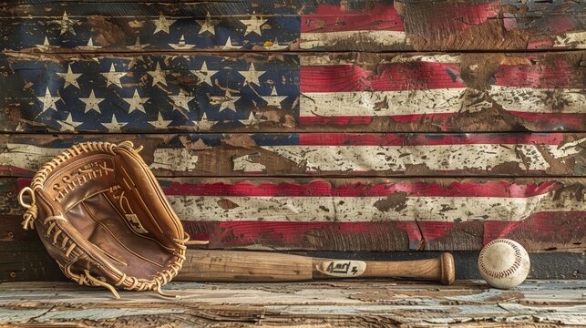 A weathered American flag backdrop with a baseball glove, bat, and ball.
