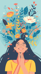 Joyful Woman Nurturing Personal Growth and Well-being, Symbolized by Self-Care Flower Watering Scene