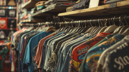 Obraz premium Showcase of Retro T-Shirts. Vintage Aesthetic with Faded Graphics and Distressed Prints