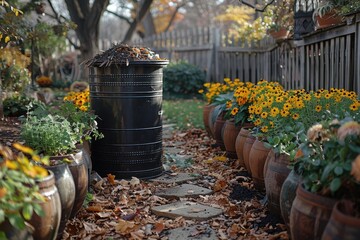 Obraz premium A composting bin in a backyard garden, promoting the recycling of organic waste.