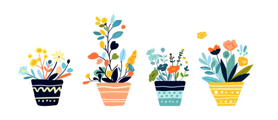 Charming vector illustration featuring whimsical potted plants and flowers in bright, vibrant colors. Perfect for spring designs, greeting cards, and home decor. Captures a fresh and playful vibe.