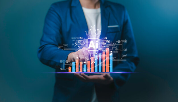 AI business document featuring artificial intelligence with a graph and arrow indicating growth for 2025. Data marketing analysis by an AI assistant strategizing futuristic systems and technology.