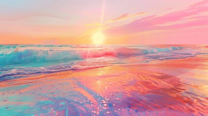 Explore a surreal world where an abstract holographic beach scene meets a digital sunset 