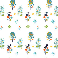 Seamless folk illustration featuring simple, Flat boho, childish bright green, malachite, yellow decorative flowers, trees, yellow leaves White background, evoking spirit autumn.Home decor, Kids