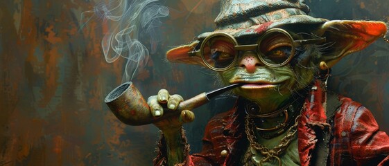 A whimsical goblin in a hat smokes a pipe.
