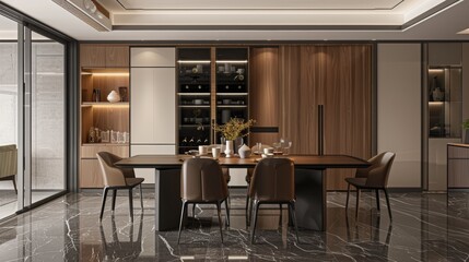 Fototapeta premium Luxurious modern dining room with a sleek wooden table, elegant chairs, and sophisticated decor, creating a refined and inviting space for dining. 