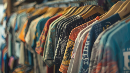 Obraz premium Showcase of Retro T-Shirts. Vintage Aesthetic with Faded Graphics and Distressed Prints