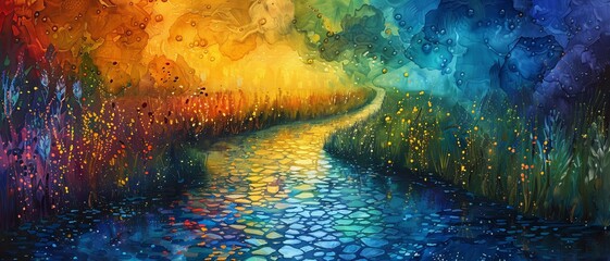 Abstract colorful pathway through a vibrant, dreamlike forest.