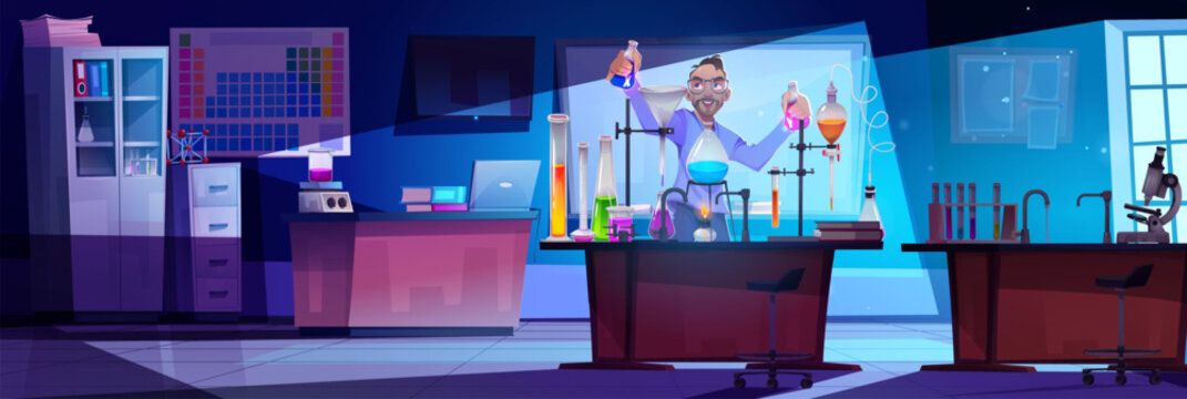 Scientist in medical research laboratory vector illustration. Chemical lab experiment with scientific equipment cartoon design. College professor character work on virus vaccine in tube background