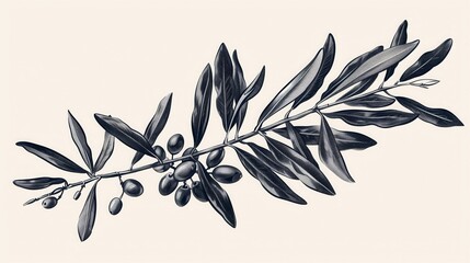 A detailed contour illustration of an olive branch with ripe olives