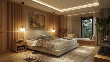 Fototapeta premium Cozy modern bedroom with soft bedding, natural light streaming through large windows, and warm, inviting decor, creating a serene and comfortable atmosphere. 