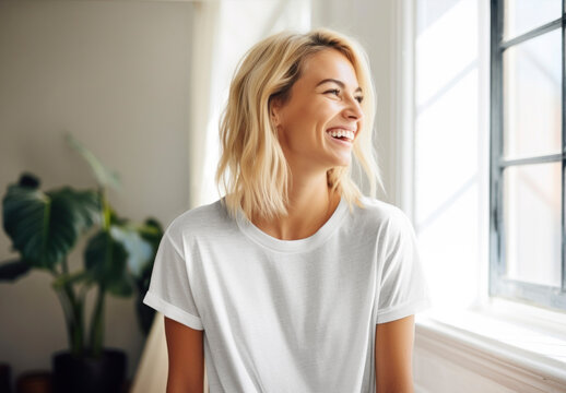 Beautiful Woman Wearing White Tshirt Mockup With Generative AI