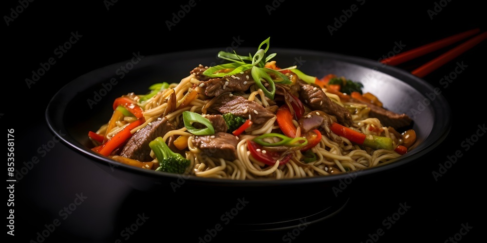 Wall mural Delicious Chinese Beef Yakisoba on a Black Background - Ideal for AI Food Themes. Concept Food Photography, Chinese Cuisine, Beef Yakisoba, AI Themes, Black Background - Wall murals