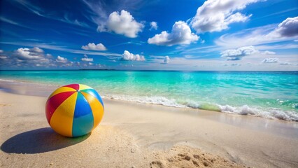 A vibrant summer beach scene featuring a colorful beach ball lying abandoned on the warm sandy shore, surrounded by calm turquoise waters.