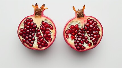 A minimalistic image of a pomegranate fruit cut in half, showcasing the vibrant red seeds