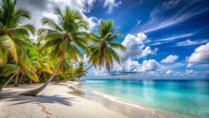 Sweeping view of a serene and idyllic tropical caribbean beach with swaying palm trees, crystal-clear turquoise water, and powdery white sand on a hot summer day.
