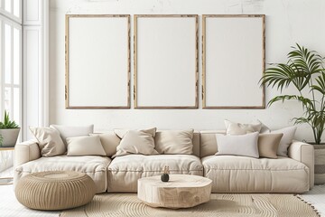 High-definition 3D render of a boho-style living room with wooden frame mockups.