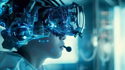 A person wearing VR headset and experiencing virtual reality. Technology related digital earth network concept. View of a Futuristic eye technology user interface with scan.