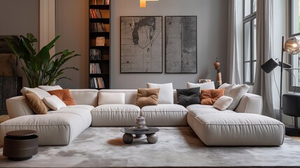 Large modern comfortable interior with painings. Living room 3D rendering of luxury interior design. A harmonious blend of beige, grey and brown tones creating a soothing atmosphere. portfolio spaces