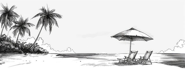 Sketch illustration of seaside promenade with palms, two chairs, umbrella.
