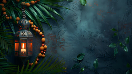 Obraz premium Elegant lantern with glowing candle, surrounded by palm leaves and wooden beads, on a crimson brushed backdrop. Eid mubarak