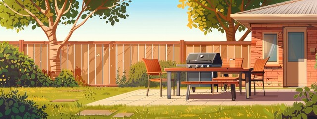 Backyard of an American house with a barbecue and a table with chairs. Cartoon illustration.