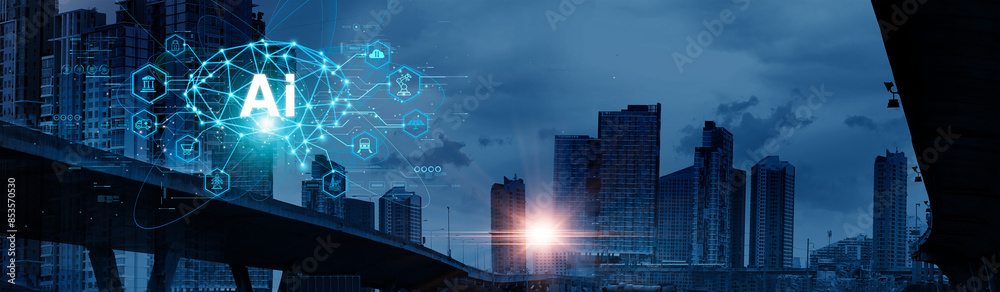 Fototapete Smart city of Ai, Business and artificial intelligence technology smart transformant and business development  with Communication network on global connected. Data exchange and Deep learning of Ai.