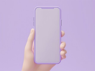Cartoon style 3D render of a hand holding a smartphone, purple theme, high-resolution.