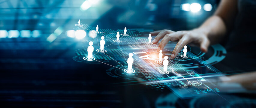 Businessmen use the intelligence of AI Search for data information to growth business and add new customers on the global network. Data exchange, CRM, Customer service, Teamwork, HR recruitment.