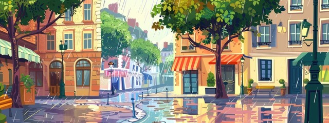 Obraz premium Landscape of a cozy rainy street in a French city. Cartoon illustration.