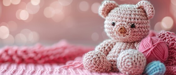 Soft crocheted teddy bear with pink yarn on a pink knitted blanket.