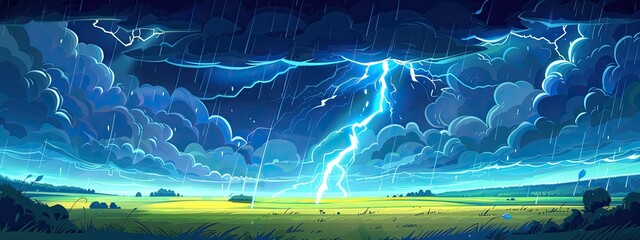 Fototapeta premium The landscape of a thunderstorm over a green field in summer. Cartoon illustration.