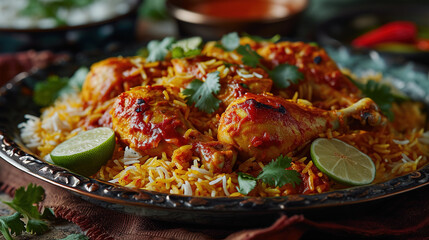 A Plate Of Indian Chicken Biryani with Rice and Chutney On Blurry Background