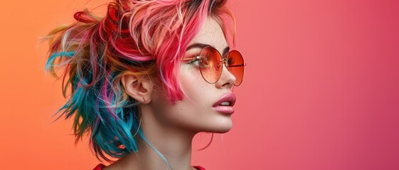 Woman with colorful hair and sunglasses looking away.