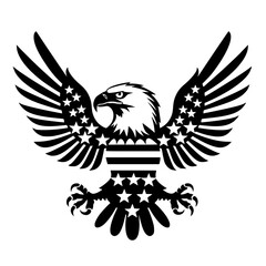 Obraz premium American Bald Eagle Patriotic Black and White Illustration, Stylized black and white illustration of an American bald eagle with stars and stripes, symbolizing patriotism and national pride. 